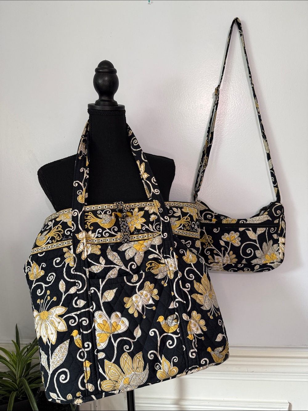 Vera Bradley Yellow Bird Retired Black Gold Tote Crossbody Purse Set